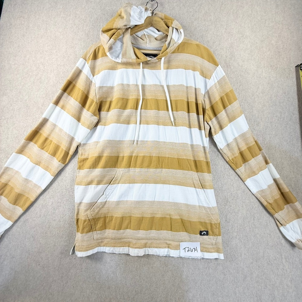Billabong Mens Large Striped Hooded Long Sleeve Shirt Mustard Yellow White